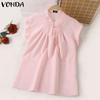 VONDA Women Summer Casual Round Neck Short Sleeve Solid Color Loose Blouse