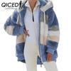 Autumn and Winter Warm Plush Patchwork Zip Pocket Hooded Loose Jacket