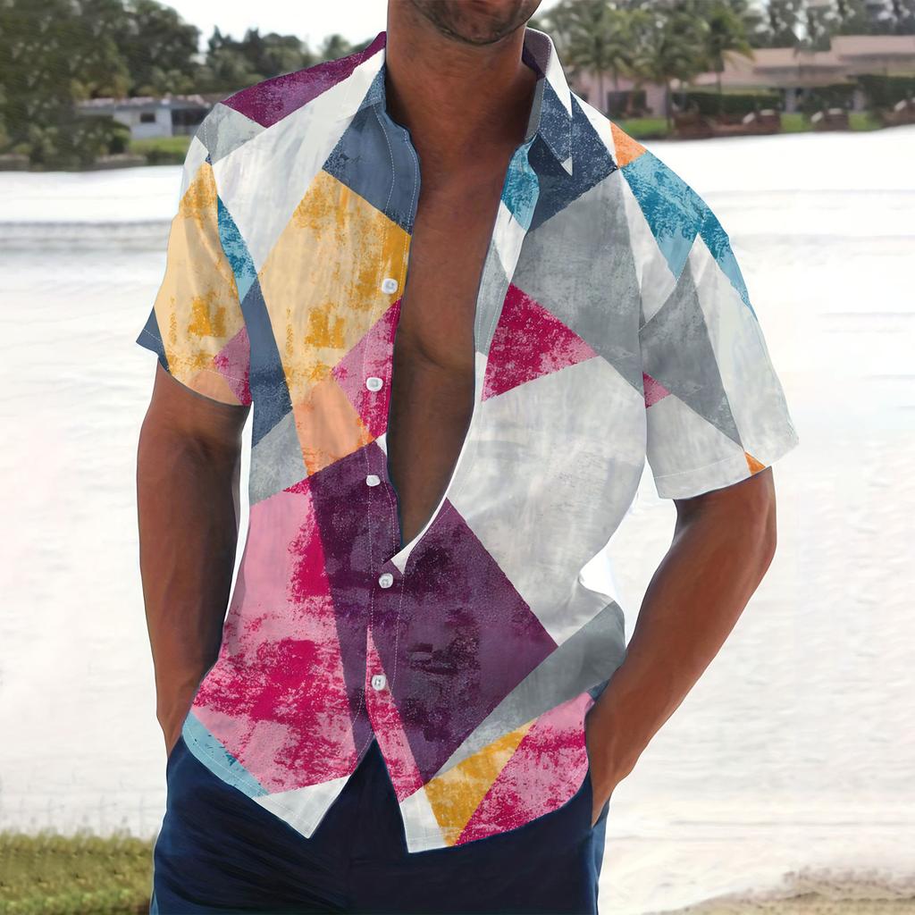 Men's Summer New Loose Print Short Sleeve Shirt Cardigan Beach Shirt