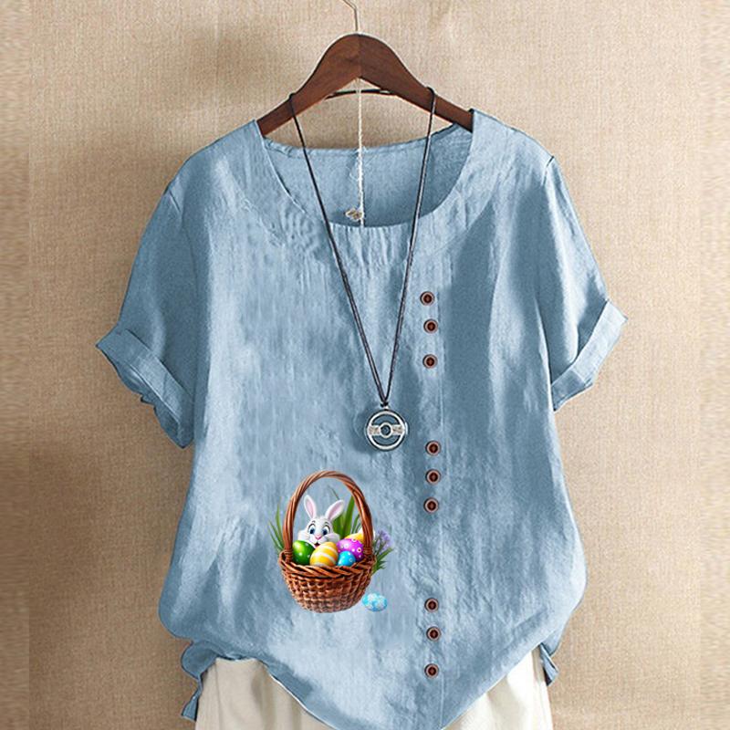 Женская модная футболка с круглым вырезом и коротким рукавом, повседневная рубашка из хлопка и льна с рисунком, свободная летняя блузка с принтом кролика, топы
