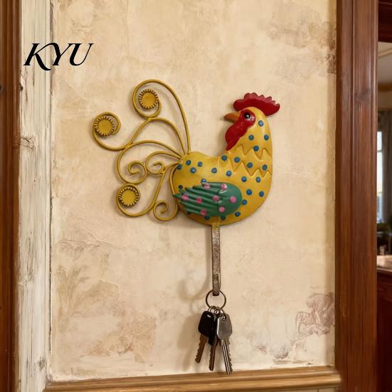 Decorative Rooster Wall Hooks Painted Metal Hook, Farmhouse Style 3D Iron Country Hanging Decor for Keys Towels , Hook Entryway Kitchen Retro