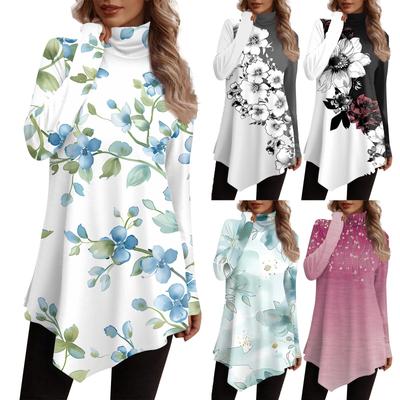 Повседневная модная рубашка с принтом, топы с высоким воротом и нерегулярным подолом, пуловеры с длинными рукавами