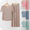 2Pcs/Set Women Pajamas Seamless Ice Silk Round Neck Short Sleeve Elastic Waist Wide Leg Loose Soft Breathable Homewear Top Pants Set
