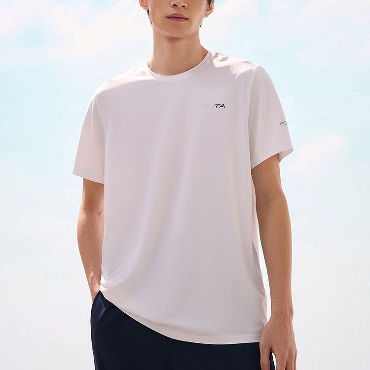 Anta Футболка Running Series Letter с круглым вырезом для фитнеса, трикотажная спортивная с коротким рукавом, мужские топы, чисто-белый цвет 952425105-1