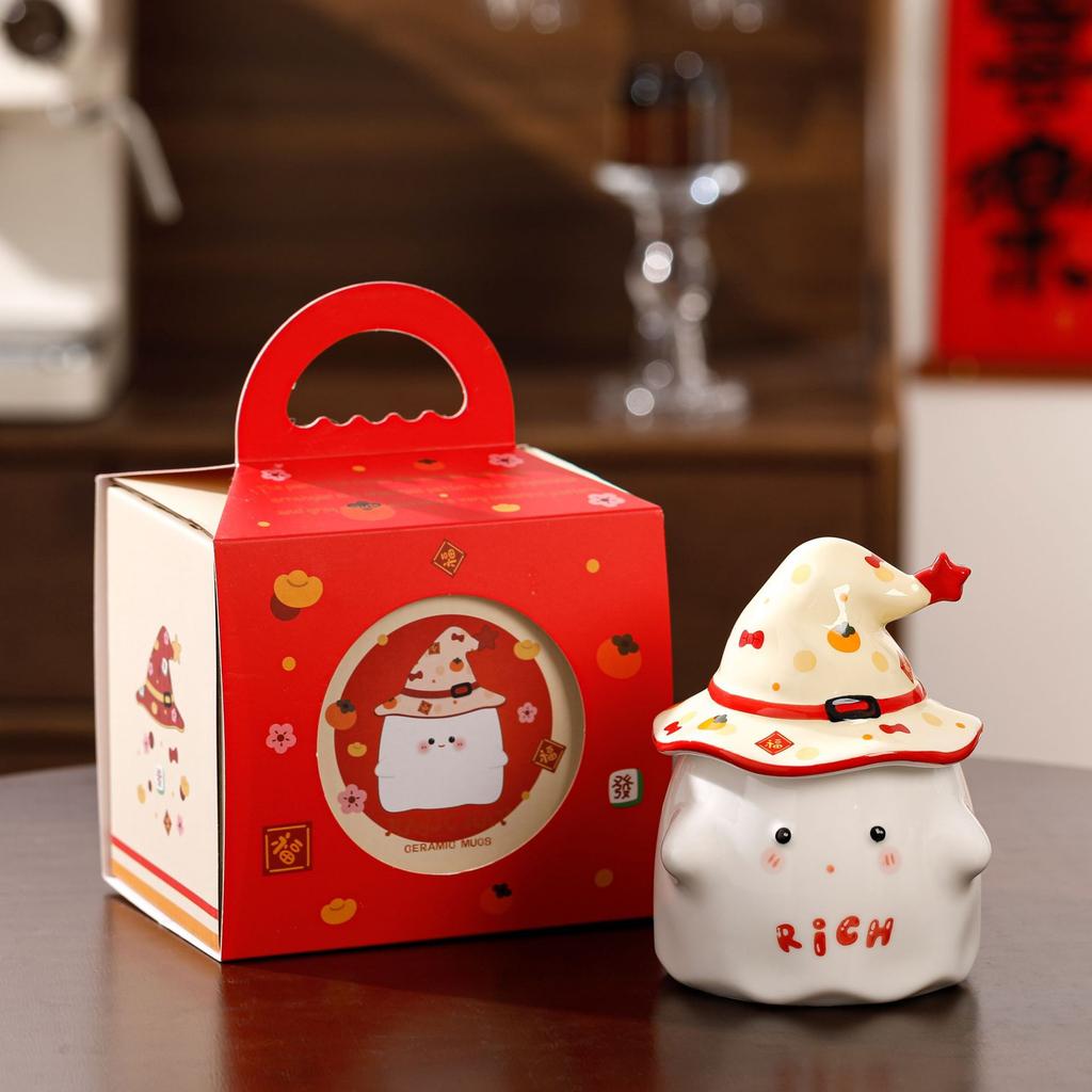 High-value mug, cute water cup with lid, souvenir for girls, girlfriend gift, cartoon ghost ceramic cup.