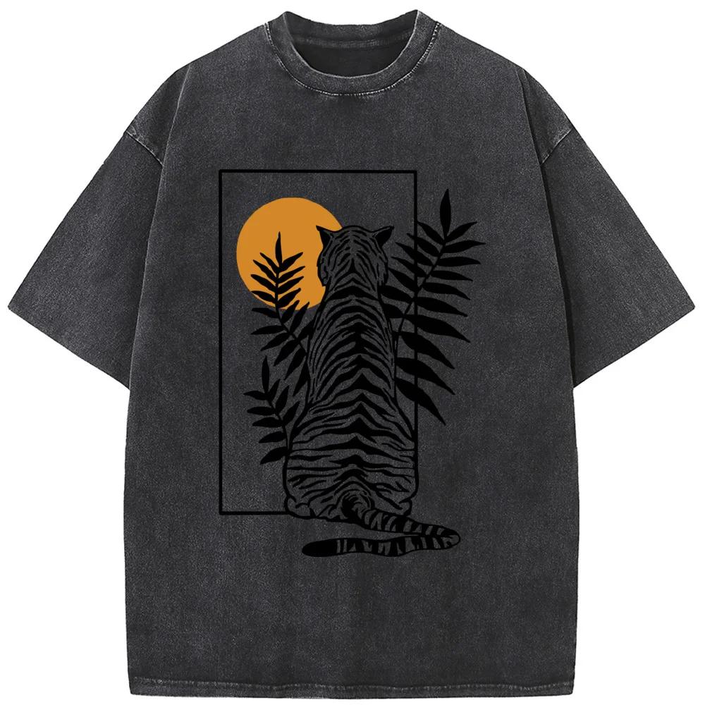 Мужская футболка с геометрическим тигром, с коротким рукавом, высококачественная, выстиранная, состаренная, винтажных цветов
