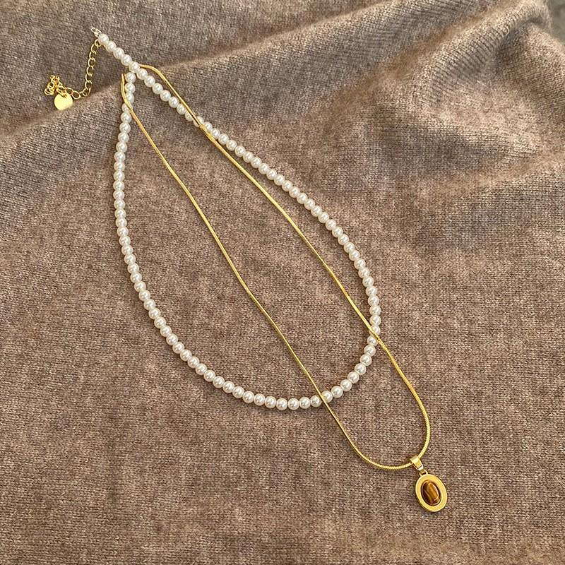 Handmade Tiger Eye Stone Layered Necklace Women Geometric Minimalist Choker Chain Jewelry Accessory