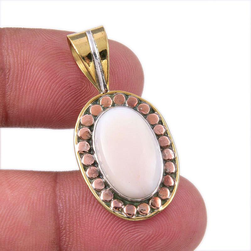 Natural Pink Opal Gemstone 925 Solid Sterling Silver Two Tone Pendant 1.50" C3Y54
