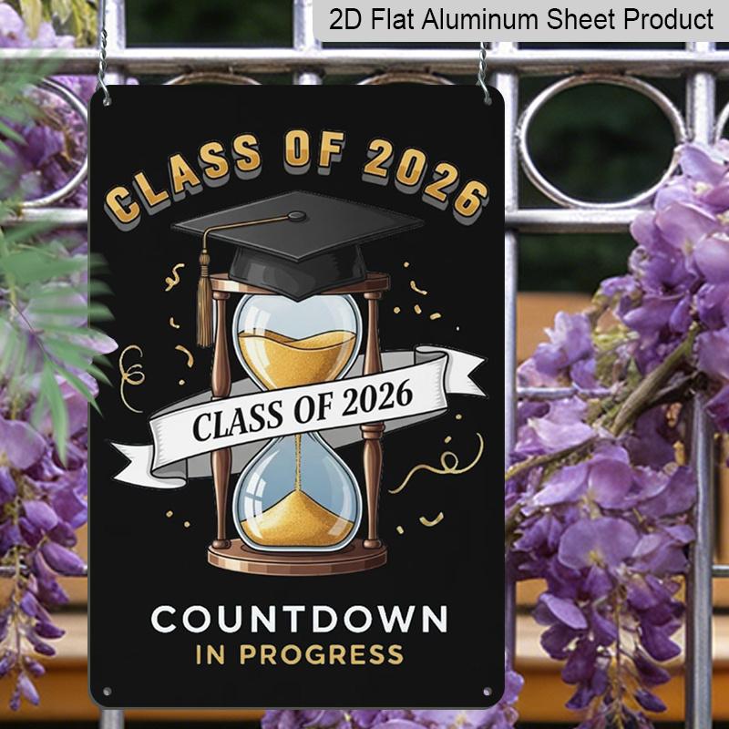 2D Flat, 1pc "Class of 2026 Countdown in Progress" Aluminium Sign - 8"x12" Gold & Black Graduation Decor, Hourglass & Grad Cap Wall Art, Perfect for