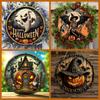 Halloween Wooden Wreath Sign Vintage Witch Pumpkin Head Horror Art Deco Fall Wreath Sign Home Kitchen Garden Patio Window Porch