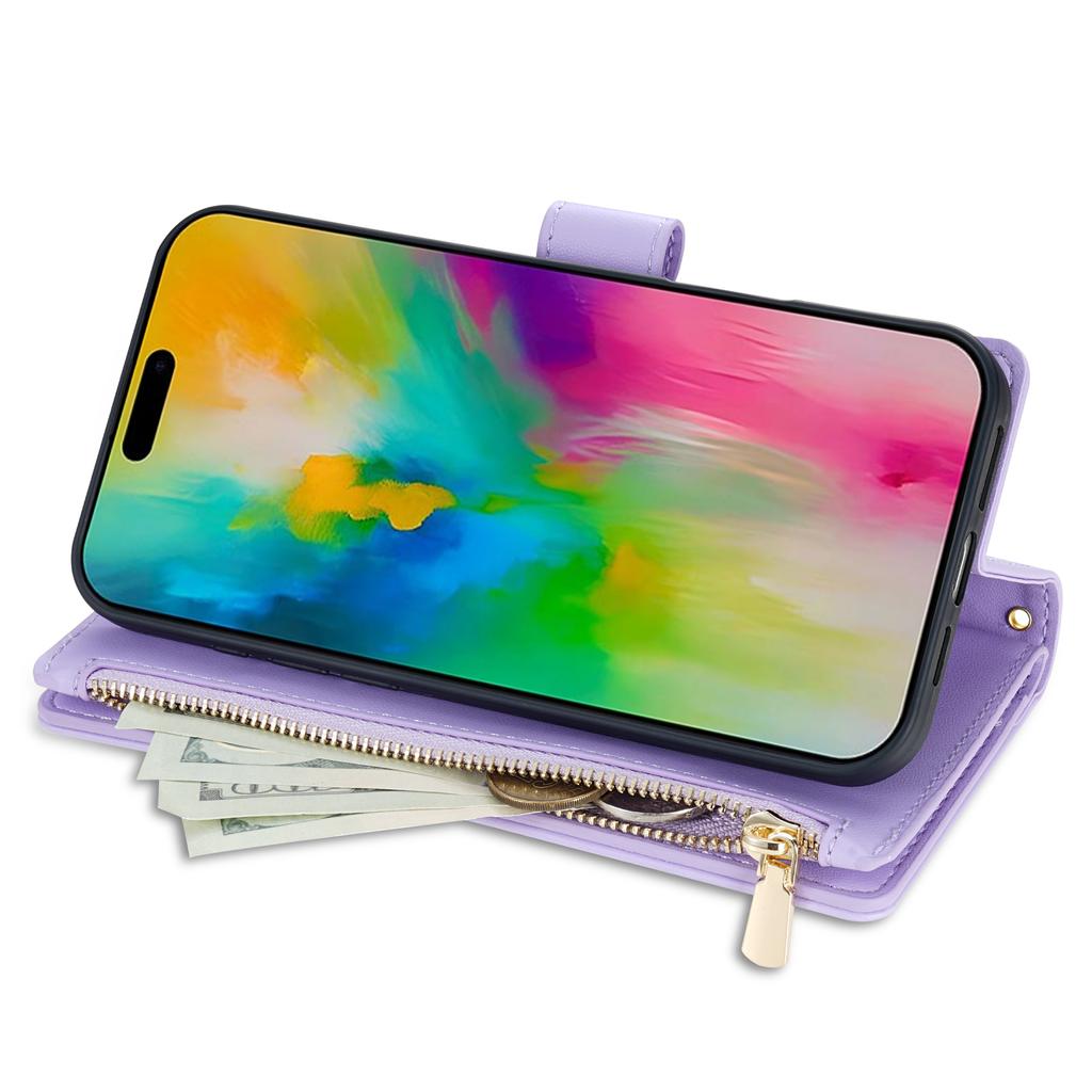 For iPhone 17 Pro Max Case Rhombus Stitching Leather Wallet Phone Cover with Long/Short Strap