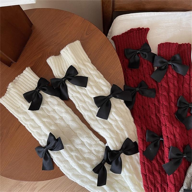 Womens Girls Japanese Cable Knitted Stretch Leg Warmers Sweet Bowknot Accent Leg Covers Footless Boot Socks Streetwear