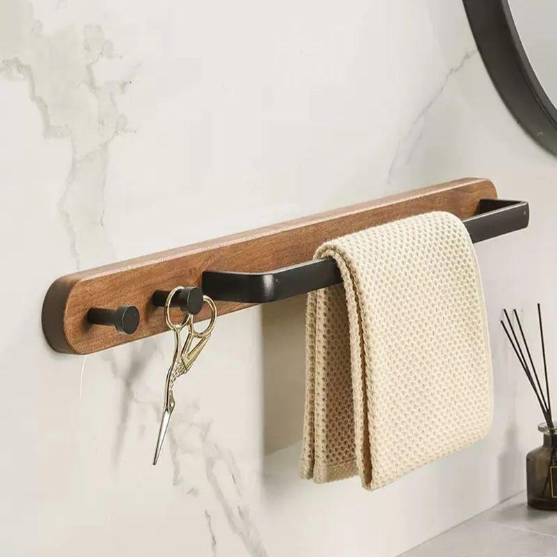 Walnut Bathroom Towel Bar With Hook Wall-mounted Toilet Coat Hook Wood Towel Rack Black Bath Towel Rack Bathroom Accessories