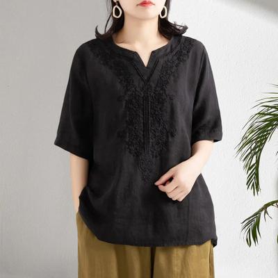 Женские топы с V-образным вырезом, коротким рукавом, вышитым цветочным узором, пуловеры, однотонные свободные покрои, повседневная футболка, повседневная одежда