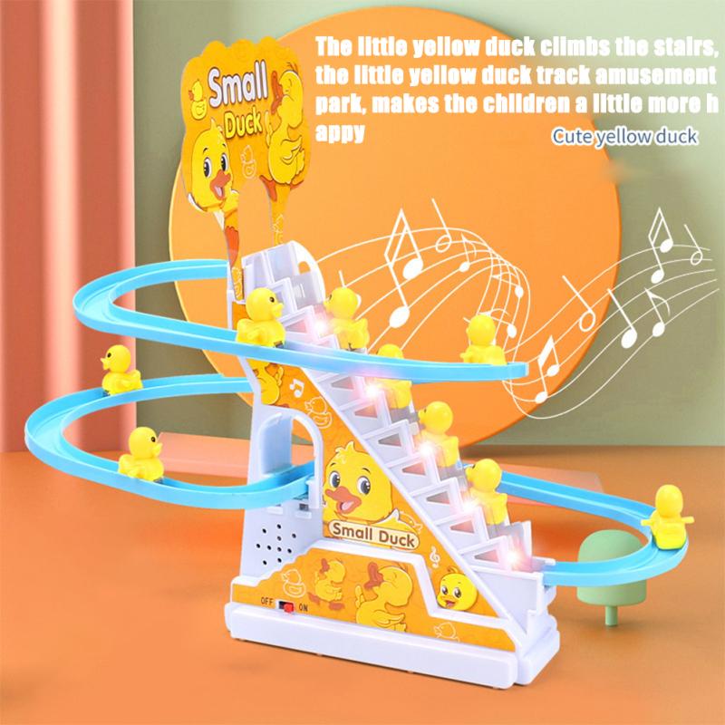 Little Yellow Duck Climb Stairs Toy Electric Track Slide Stairs Roller Coaster Toy With Led Lights