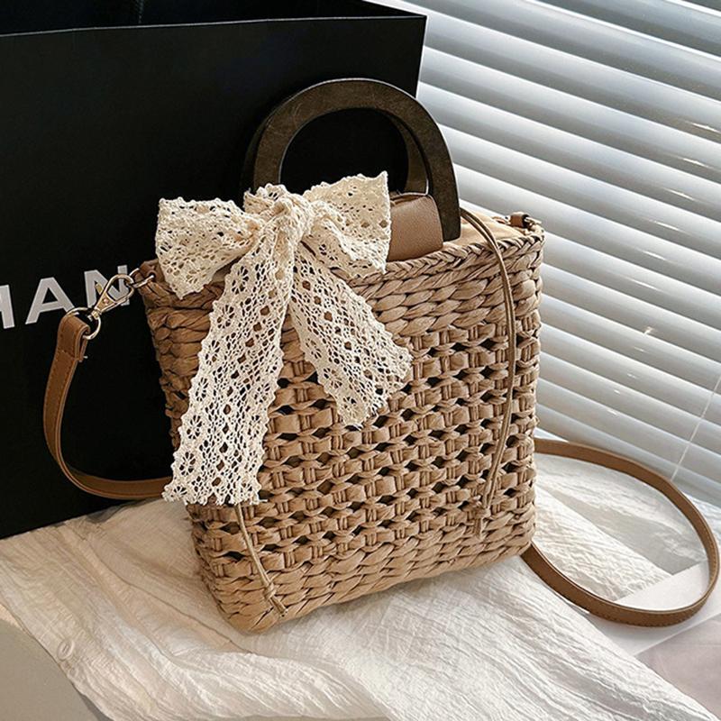 Yogodlns Летняя соломенная сумка, женская богемная соломенная пляжная сумка, повседневная сумка с ручкой, большая вместительная сумка через плечо, женский кошелек ручной работы