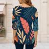 Women Plus Size Round Neck 3 4 Sleeve Navy Tropical Leaf Printed T Shirt Curved Hem