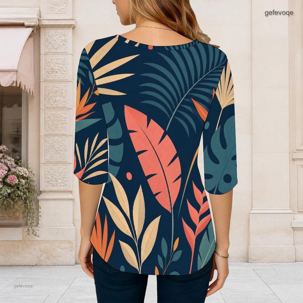 Women Plus Size Round Neck 3 4 Sleeve Navy Tropical Leaf Printed T Shirt Curved Hem