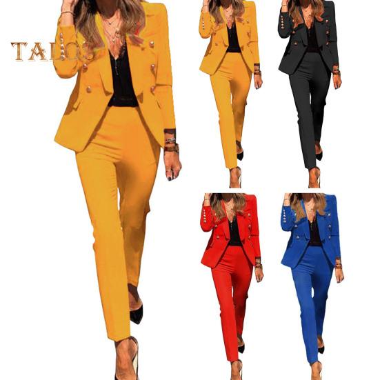 2 шт./комплект женский деловой пиджак брюки комплект с длинными рукавами декорированный пуговицами лацкан кардиган средней длины пиджак прямые брюки с высокой талией формальный деловой