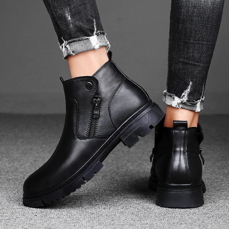 Мужские повседневные кроссовки из натуральной кожи на шнуровке, уличные ботинки, теплые плюшевые зимние ботинки для мужчин, боковая молния, новые мотоциклетные ботинки