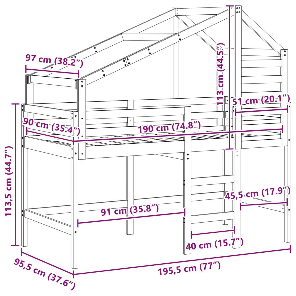 Loft Bed Frame Wax Brown 90 x 190 cm Solid Pine Wood