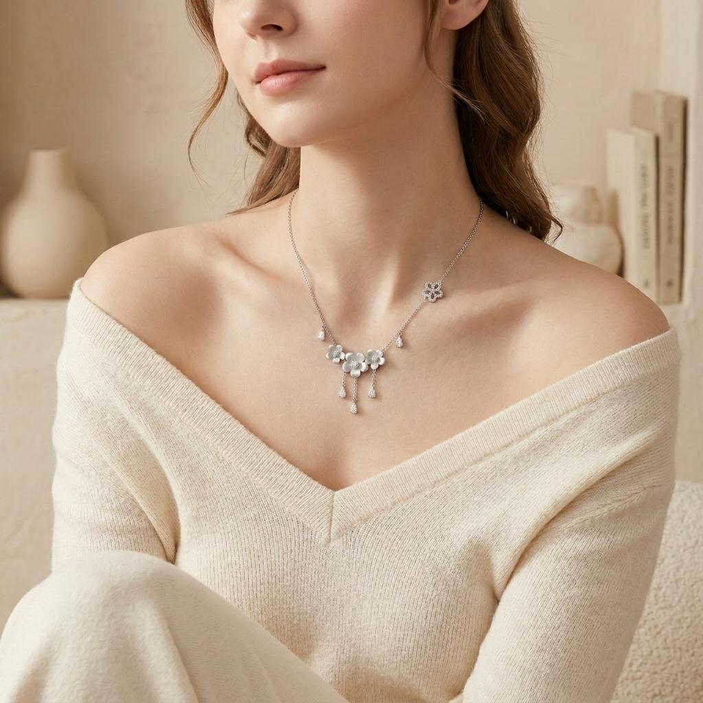2026 Meaningful Bridal Wedding Jewelry Sterling Silver 925 Brushed & Polished Finish Moissanite Water Drop Flower Charm Necklace