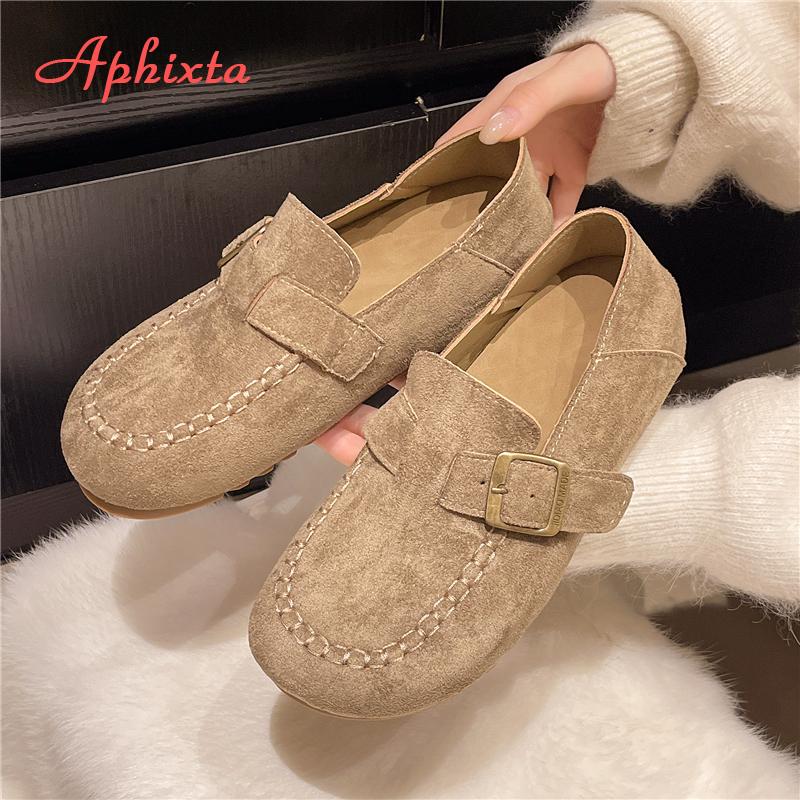 Fashion Aphixta Suede Upper Flat With Woman Loafers Shoes Sewing Design Slip On Ladies Shoes Khaki Round Toe Casual Shoes