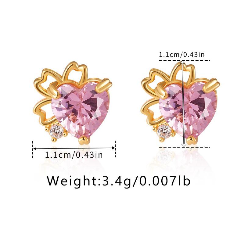 French Minimalist Design Flower Sweet Pink Zircon Heart Stud Earrings 18k Gold Plated