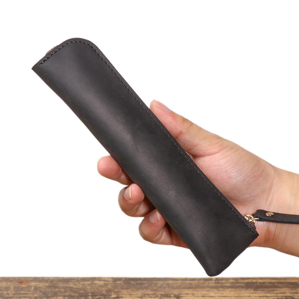 Retro Leather Zipper Pencil Case with Custom Logo - Cowhide Fountain Pen Sleeve