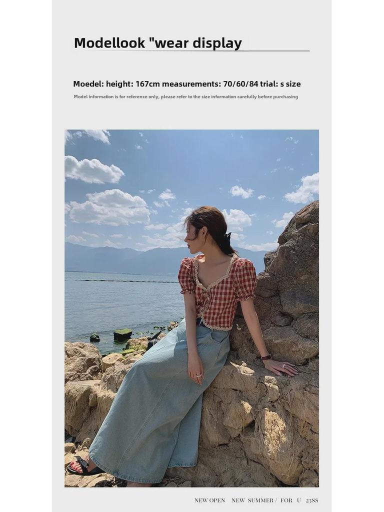 Женский топ 2023 года в французскую клетку со шнуровкой и оборками с квадратным вырезом