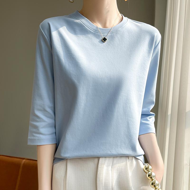 Весна-лето женская футболка с круглым вырезом из шелковистого хлопка с коротким рукавом, женственная хлопковая рубашка с укороченным рукавом