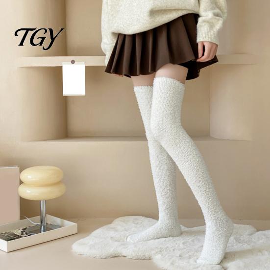 Soft Fleece Sleep Socks 1 Pair Fuzzy Thigh High for Women, Long Fluffy Skin Friendly Plush Hosiery Leg Warmer, Thickened Over The Knee Stockings,