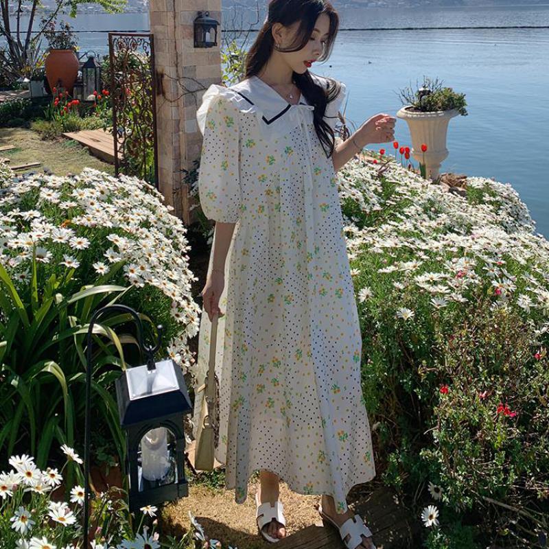Летние платья во французском стиле с милой волной и цветочным принтом для женщин, большие женские платья с короткими рукавами