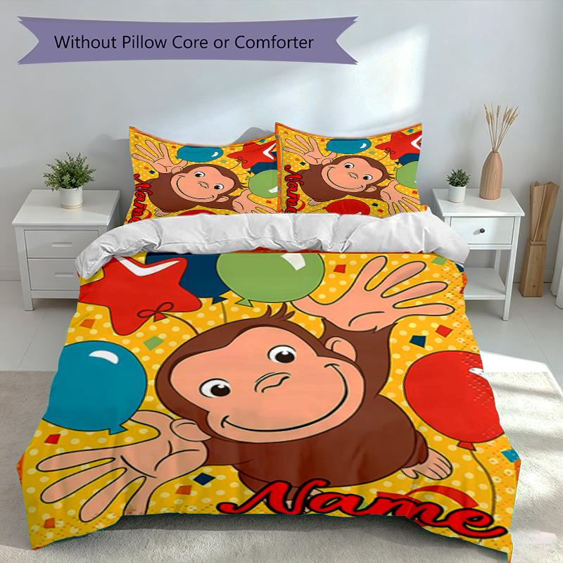 3pcs Custom Name Curious George Set,Includes 1 Duvet Cover and 2 Pillowcases,All-season Bedroom Decor