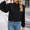 2023 Stand Collar Loose Simple Black Shirt Women Vintage Pleated Lantern Long Sleeve Blouse Casual Ladies Elegant Tops 30142
