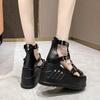 Мода 10 см Танкетки Высокие каблуки Увеличивающие рост Туфли с открытым носком Каблук Обувь Летние Готические Пряжка Платформа Сандалии Черные Женские Крутые Ботинки