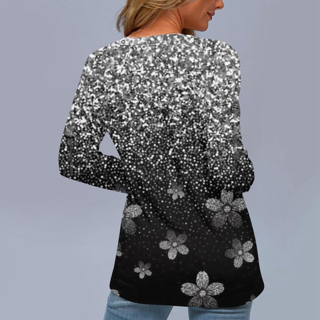 Women's Fashion Casual V Neck Long Sleeve Printed T-Shirt Ladies Top