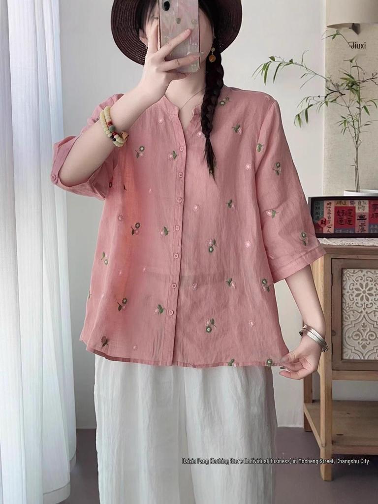 Linen Women's Retro Embroidered Stand Collar Shirt - Summer 2026 Short Sleeve