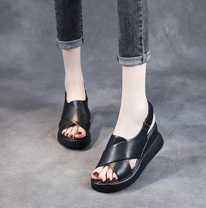 Fashion High Quality 7CM Women Genuine Leather Wedges Sandals New Summer Platform High Heel Cross Peep Toe Sandals Concise Casual Shoes