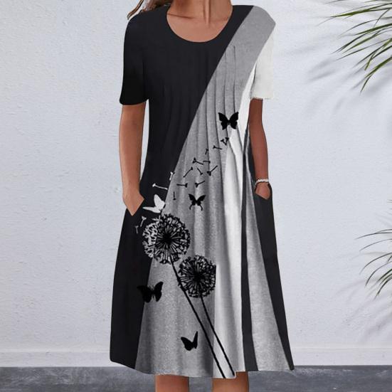 Женское повседневное платье-футболка, летнее платье-трапеция с коротким рукавом, плиссированное платье миди с цветочным принтом, круглым вырезом и карманом