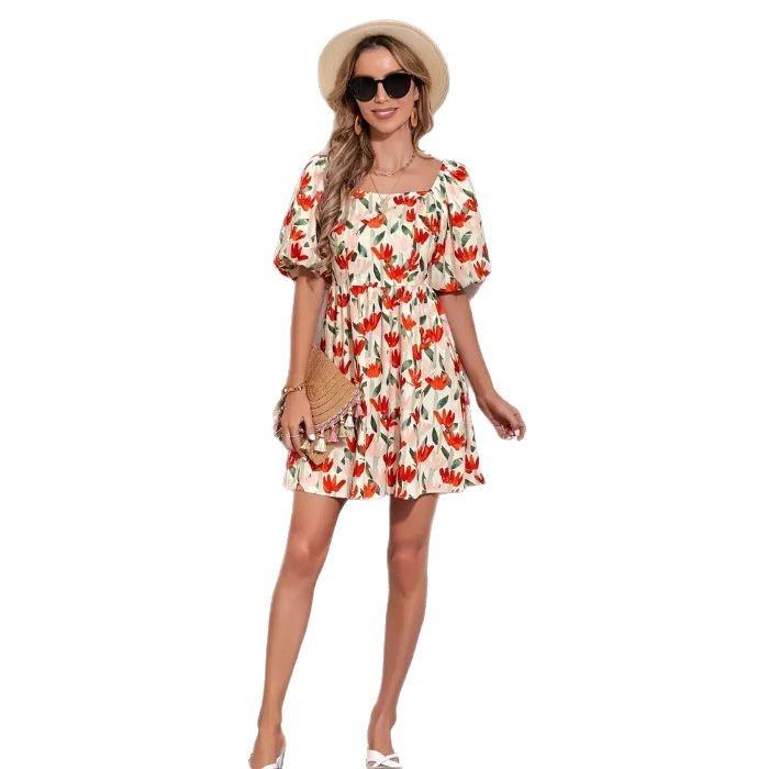 Women's Summer Dresses Lantern Short Sleeve Square Collar Flower Printed Short Dress