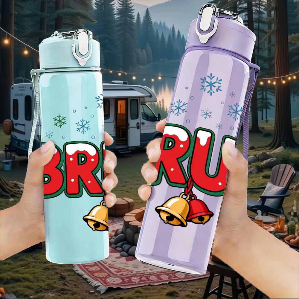 1PC Bruh Snowflake Bell Red Letter Mark 750ml Color Plastic Water Bottle Leakproof Flip Straw Lid For Sports Office Home Use