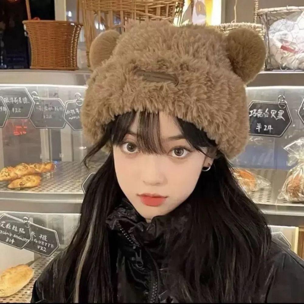 Korean Style Bear Plush Hat Soft Plush Pullover Hats Fashion Winter Warm Cap Autumn and Winter