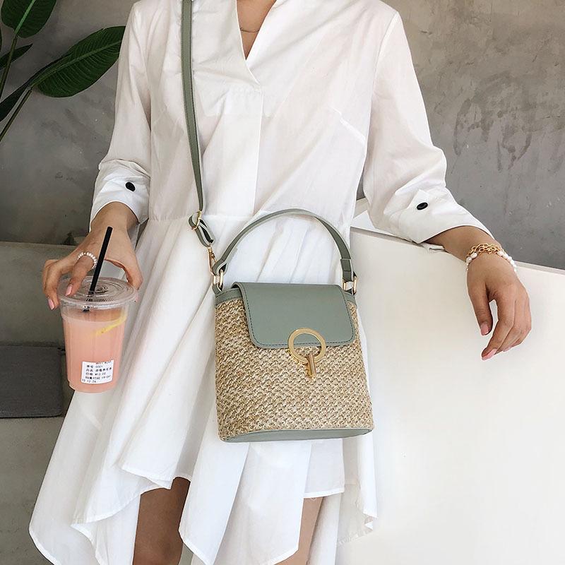 Yogodlns Casual Chains Straw Bucket Bags Women Summer Messenger Bag Rattan Bags Beach Lady Travel Purses and Handbags Shoulder Bag
