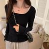 Korean Style Simple Pure Desire Square Round Neck Long-sleeved T-shirt Women's Autumn Waist Slit Top Slim-fit Bell-sleeved Bottoming Shirt
