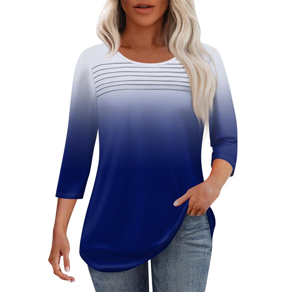 Женская мода круглый вырез шея плиссированная передняя планка однотонный топ рукав 3/4