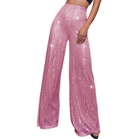Women Nightclub Long Pants High Waist Sparkling Sequined Straight Wide Leg Pants Elastic Waist Loose Fit Solid Color Trousers