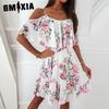 Women's Fashion Summer Spring Floral Print Short Sleeve U-Neck High Waist Casual Dresses