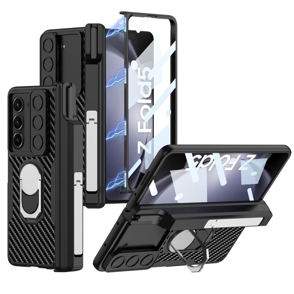 Магнитный кожаный бронированный чехол для Samsung Z Fold 5 с окошком для камеры и держателем для стилуса