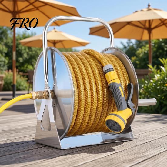 Stainless Steel Hose Reel Garden with 6.5ft Leader Water Pipe, Wall/Floor Mounted Metal Wall Mount Crank Handle, Holds 5/8" x 75ft or 1/2" 130ft
